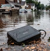Illustration: a cellular modem lying in floodwater on a residential street