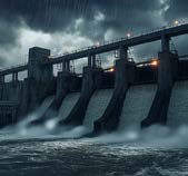 Illustration: a dam spilling water at night in a storm