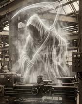 Illustration: a hooded reaper figure looms over machine tools on a factory floor